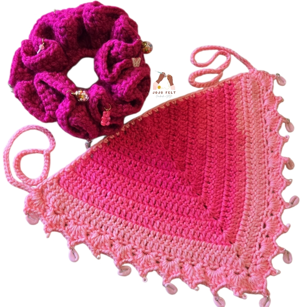 Pink Ombre Scallop/Picot/Bead/Shell Edge Bandana, Dark Pink 3D Ruffle Scrunchie